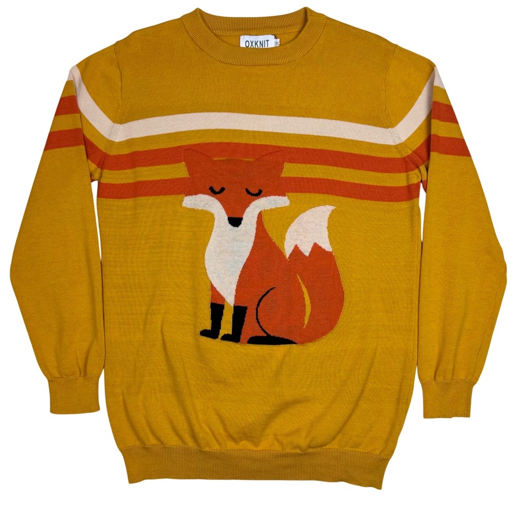 OXKNIT Fox Jacquard Knit Retro Striped Sweater Mustard Yellow Pullover  Woodland